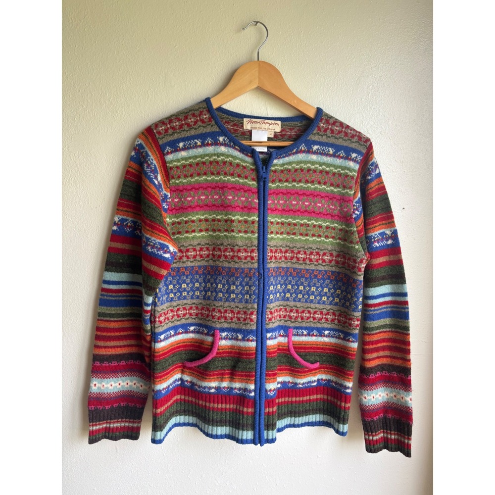 Norm Thompson Womens M Lambswool Fair Isle Full Zip Cardigan Sweater Multicolor
